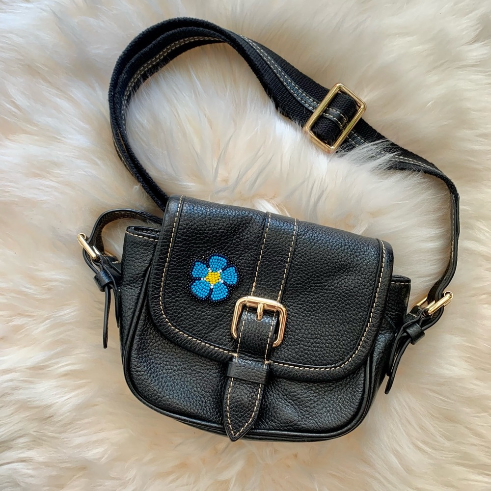 Soft Leather Crossbody Bag with Forget-Me-Not Beaded Patch